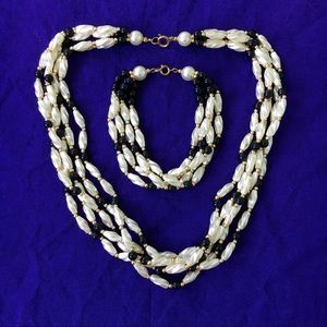 Vintage Ivory & Black Beaded Bracelet And Necklace